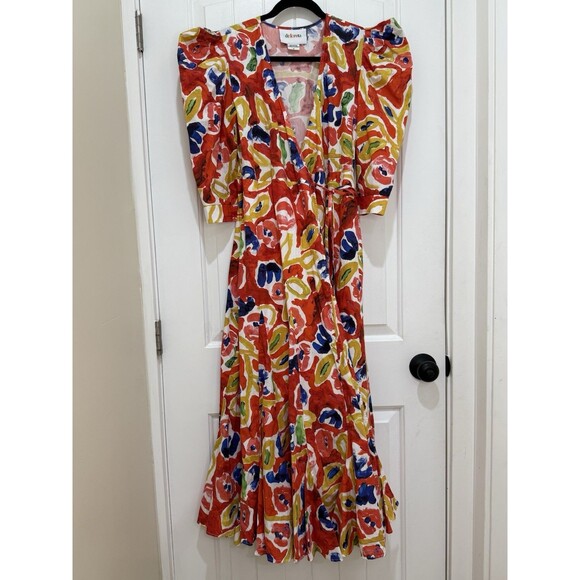 De Loreta Red Midi Wrap Dress Puff Sleeve Anthropologie Multi Print Sz XS - Picture 1 of 11